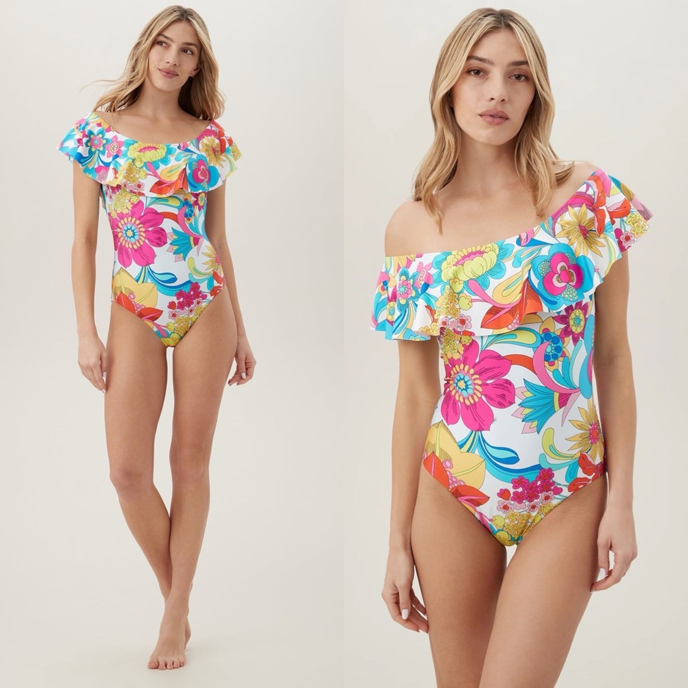 NWT Trina Turk Fontaine Off The Shoulder Ruffle One Piece Swimsuit Floral
